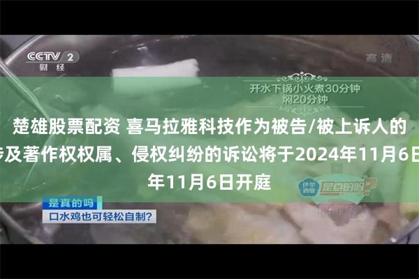 楚雄股票配资 喜马拉雅科技作为被告/被上诉人的1起涉及著作权权属、侵权纠纷的诉讼将于2024年11月6日开庭